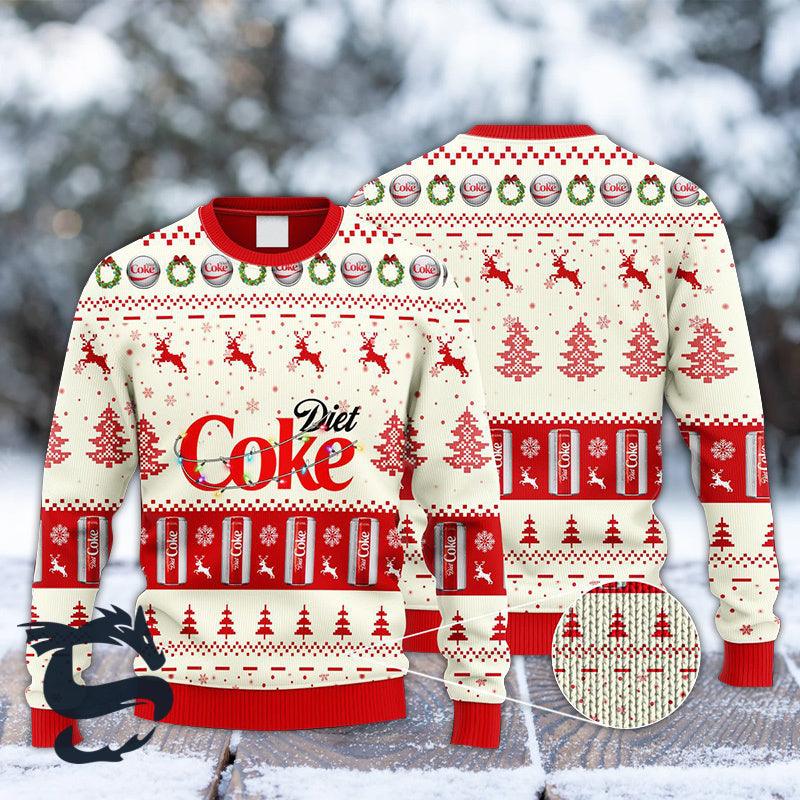 Coca Cola Diet Coke Ugly Christmas Sweater, Diet Coke Reindeer Snowy Christmas Ugly Sweater, Coca-cola Light Diet Coke Xmas Crew Neck Ugly Sweater