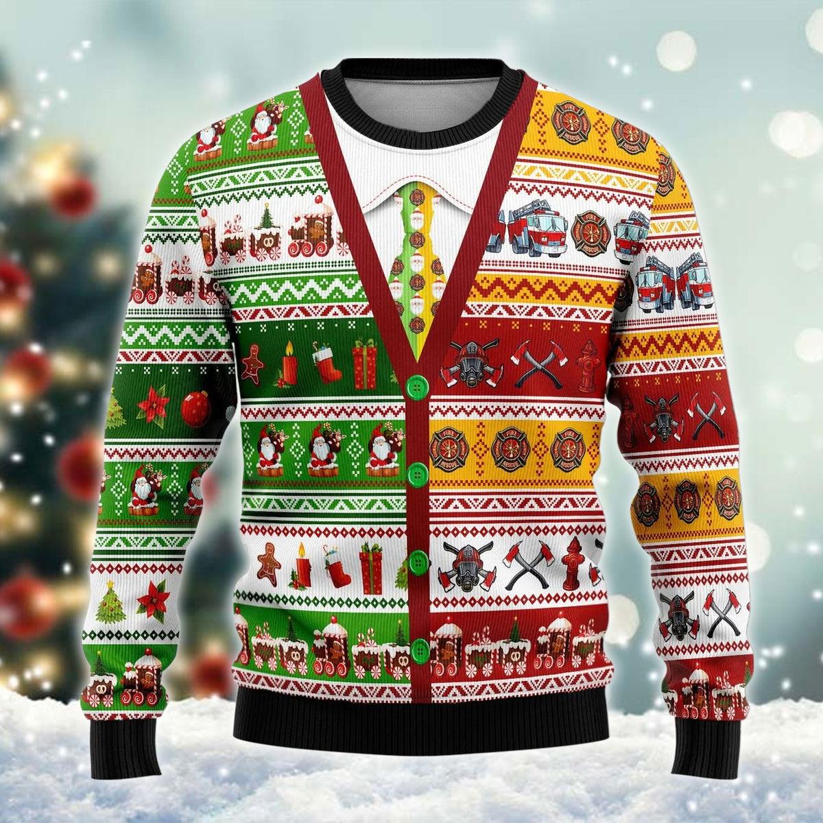 Christmas Pattern Firefighter Ugly Christmas Sweater, Fire Department Firefighter Christmas Ugly Sweater,firefighter Aop Crewneck Knitted Sweater