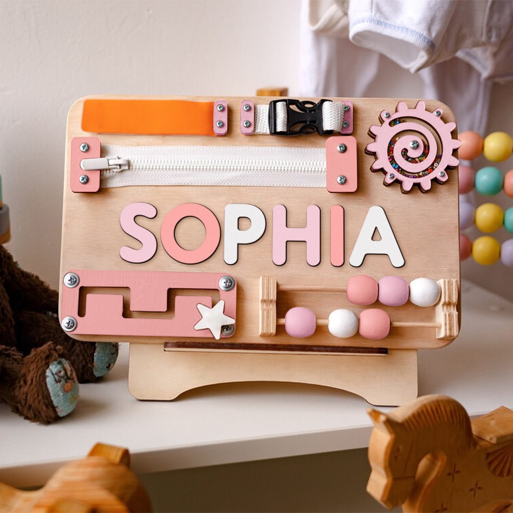 Personalized Baby Boy Gift Busy Board Name Puzzle Toddler, Wooden Montessori Toy, Baby Shower Gift