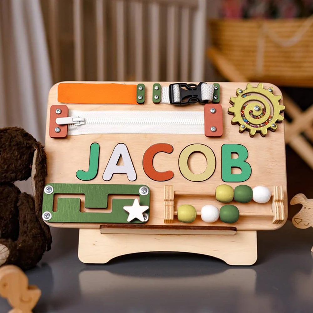 Personalized Baby Boy Gift Busy Board Name Puzzle Toddler, Wooden Montessori Toy, Baby Shower Gift