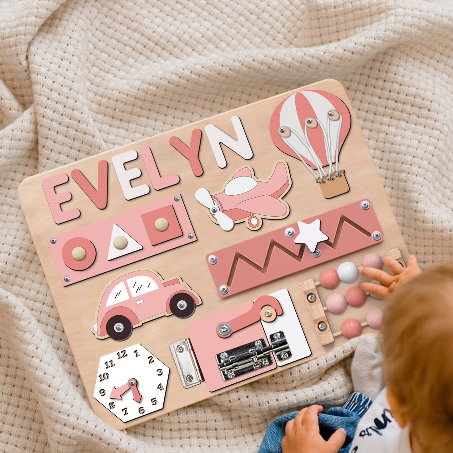 Pastel Girl Personalized Wooden Busy Board For Kids, Montessori Toys For Toddlers