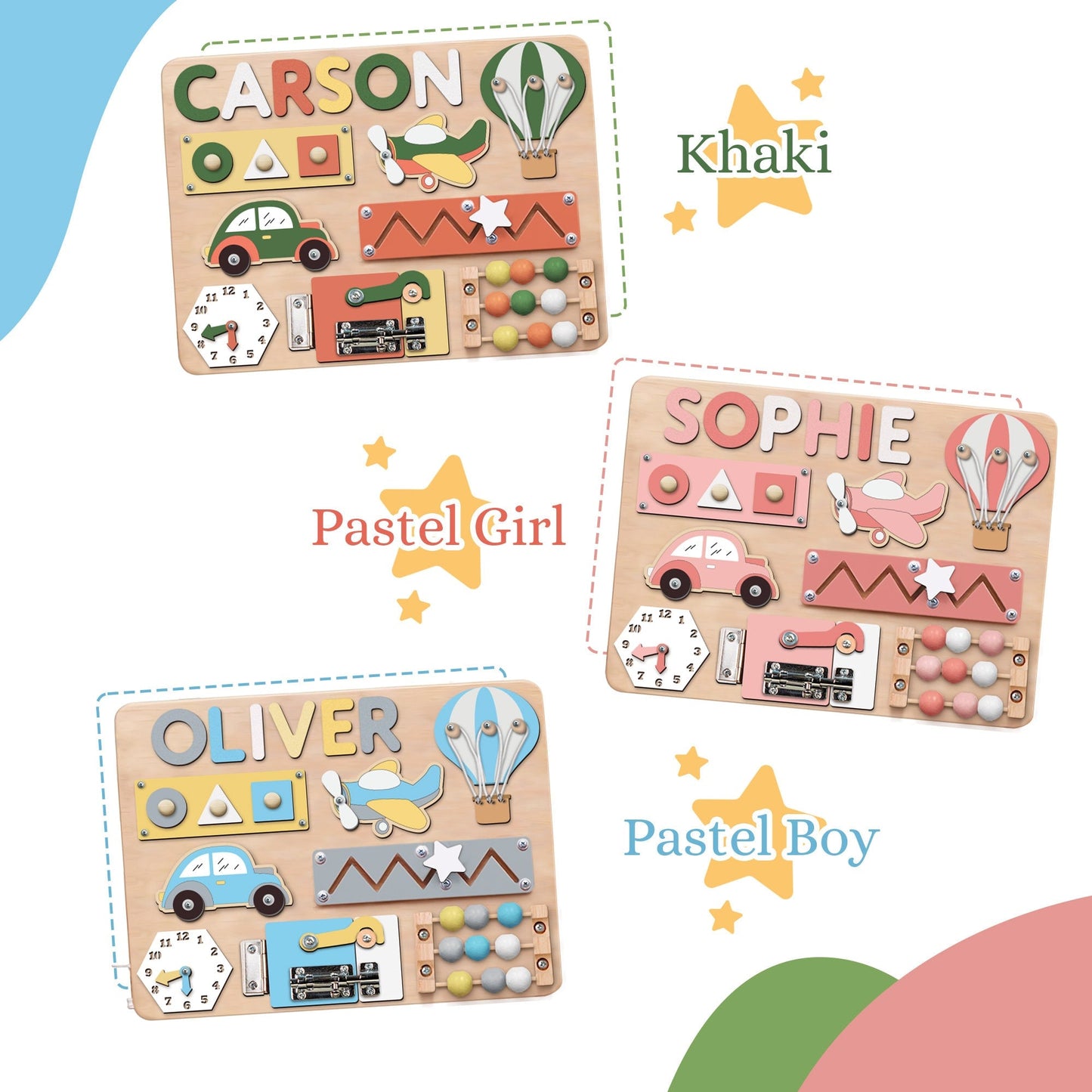 Pastel Girl Personalized Wooden Busy Board For Kids, Montessori Toys For Toddlers