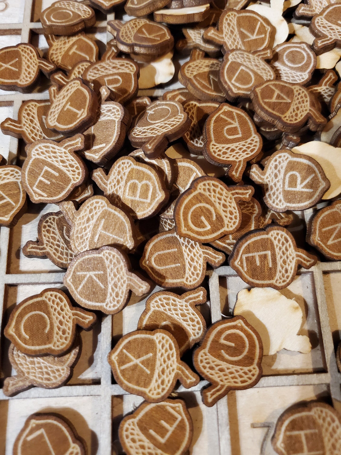 100 alphabet acorn counters loose parts manipulatives, 100 board counters, bag of acorns, sensory play, acorn tokens, montessori letters