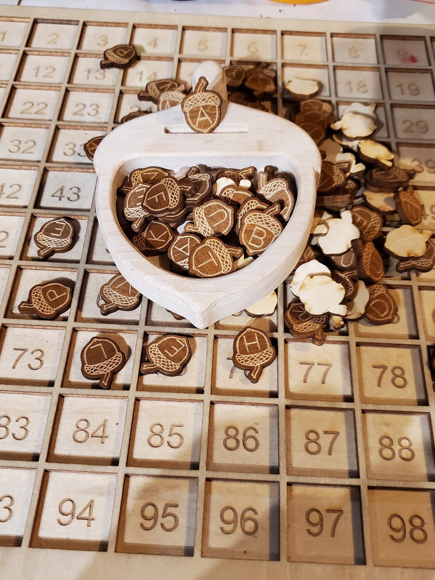 100 alphabet acorn counters loose parts manipulatives, 100 board counters, bag of acorns, sensory play, acorn tokens, montessori letters
