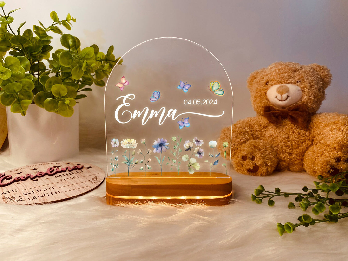 Personalized Butterflies And Flowers For Baby, Vivid Light Patterns For Baby, Custom Name Night Light, Bedroom Lamp, Flowers For Baby