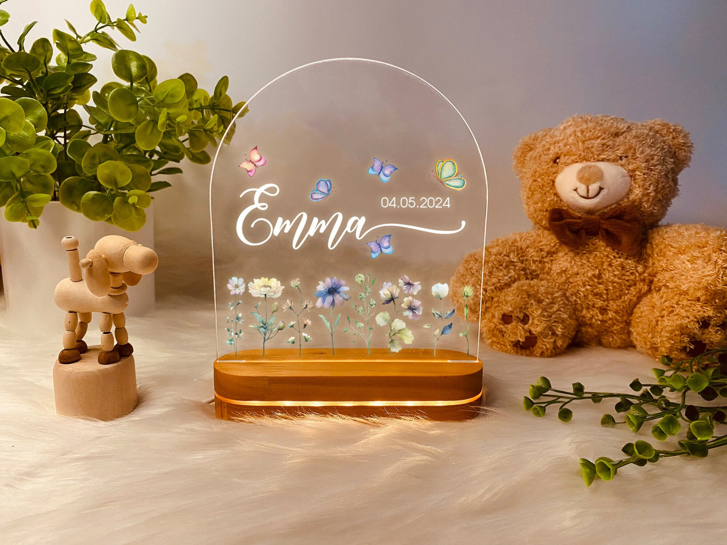 Personalized Butterflies And Flowers For Baby, Vivid Light Patterns For Baby, Custom Name Night Light, Bedroom Lamp, Flowers For Baby