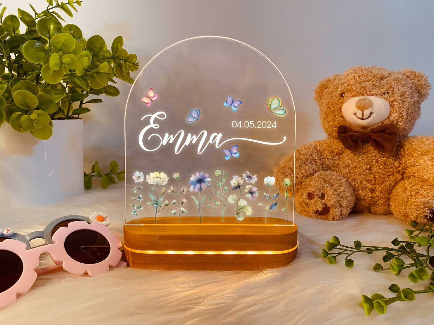 Personalized Butterflies And Flowers For Baby, Vivid Light Patterns For Baby, Custom Name Night Light, Bedroom Lamp, Flowers For Baby