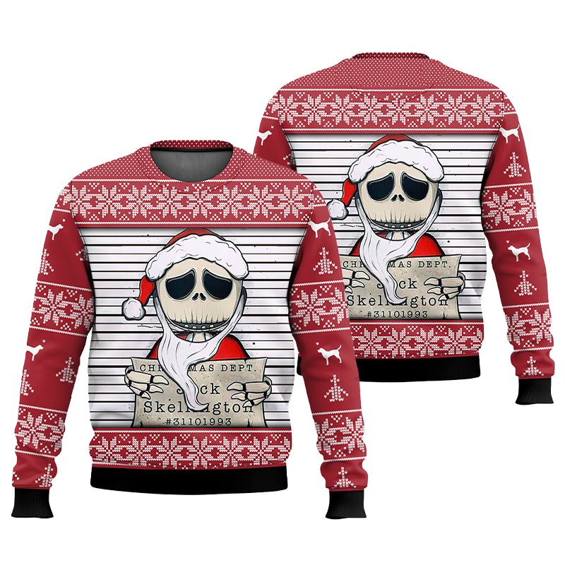 Christmas Dept Jack Skellington Santa Red Ugly Sweater, Santa Jack Skellington Christmas Ugly Sweater, Jack Skellington Crewneck Knitted Ugly Sweater