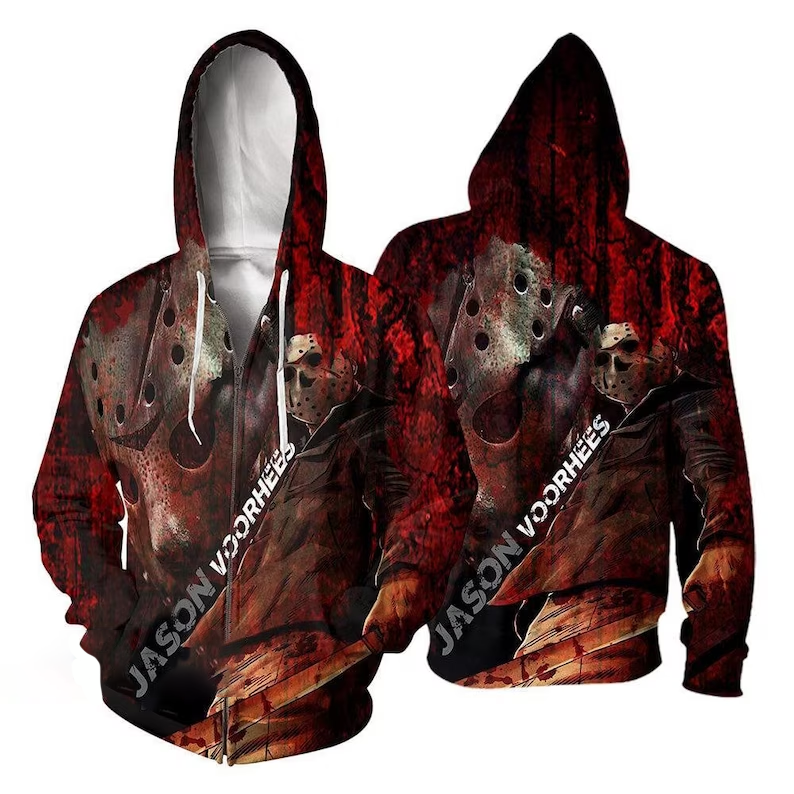 Jason Voorhees Horror Movie 3D Printed Hoodie, Jason Voorhees 3D Pullover Hooded Sweatshirt, Halloween Jason Voorhees Killer Aop Unisex Hoodie