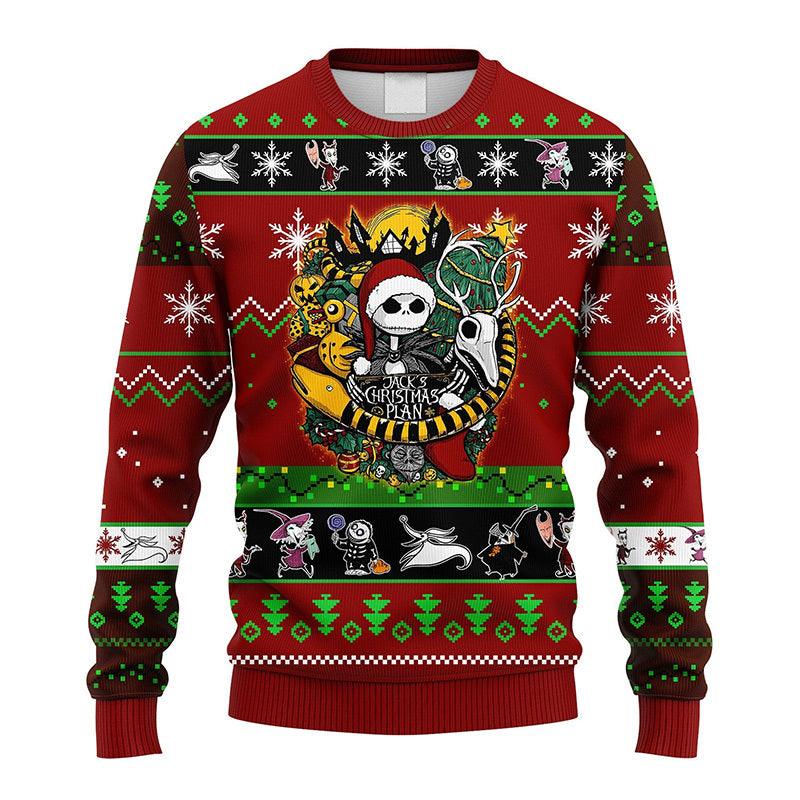 Jack Skellington's Christmas Plan Ugly Sweater, Jack Skellington Nightmare Before Christmas Ugly Sweater, Horror Christmas Crew Neck Ugly Sweater