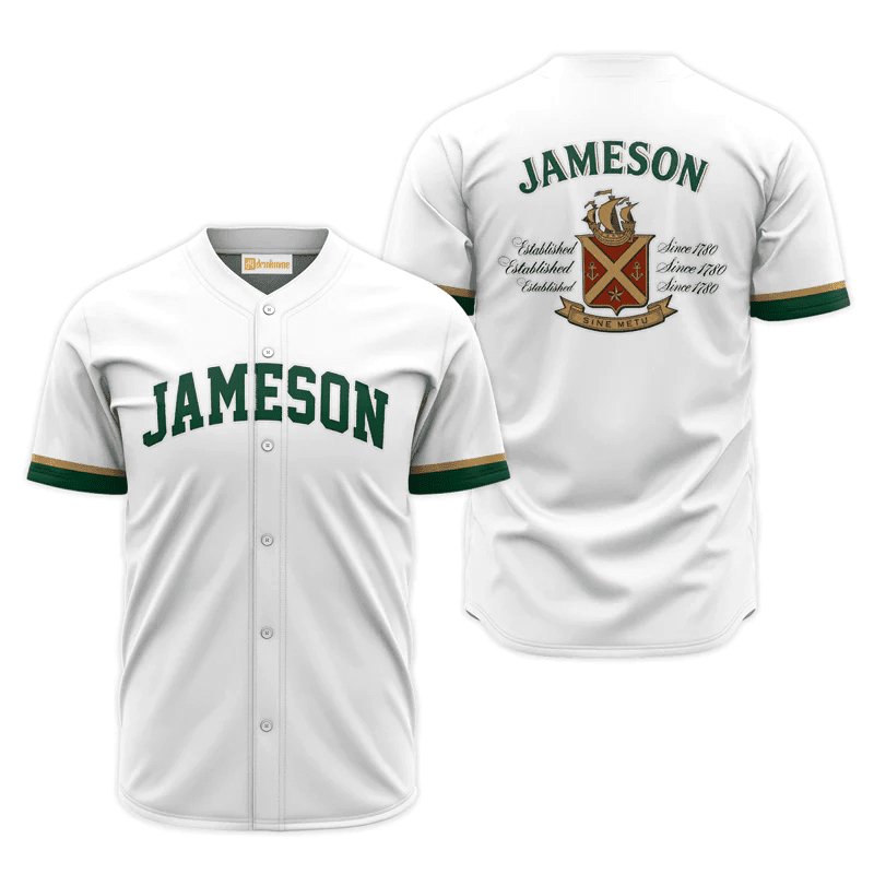 Jameson White Basic Baseball Jersey Shirts, Jameson Logo Printed Baseball Jersey, White Jameson Irish Whisky Baseball Jersey