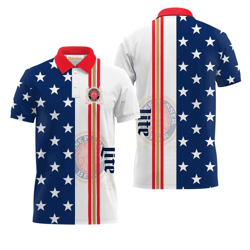Miller Lite Logo Fourth Of July Polo Shirt, Miller Lite 3d All Over Print Polo Shirts, Independence Day Us Flag Miller Lite Men's Polo Shirt