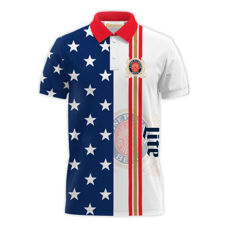 Miller Lite Logo Fourth Of July Polo Shirt, Miller Lite 3d All Over Print Polo Shirts, Independence Day Us Flag Miller Lite Men's Polo Shirt