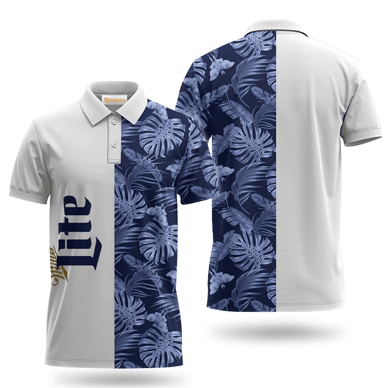 Miller Lite Monstera Leaf Golf Polo Shirt, Miller Lite Beer Tropical Leaf Blue Print Polo Shirt, Miller Lite 3d Men's Short Sleeve Polo Shirt