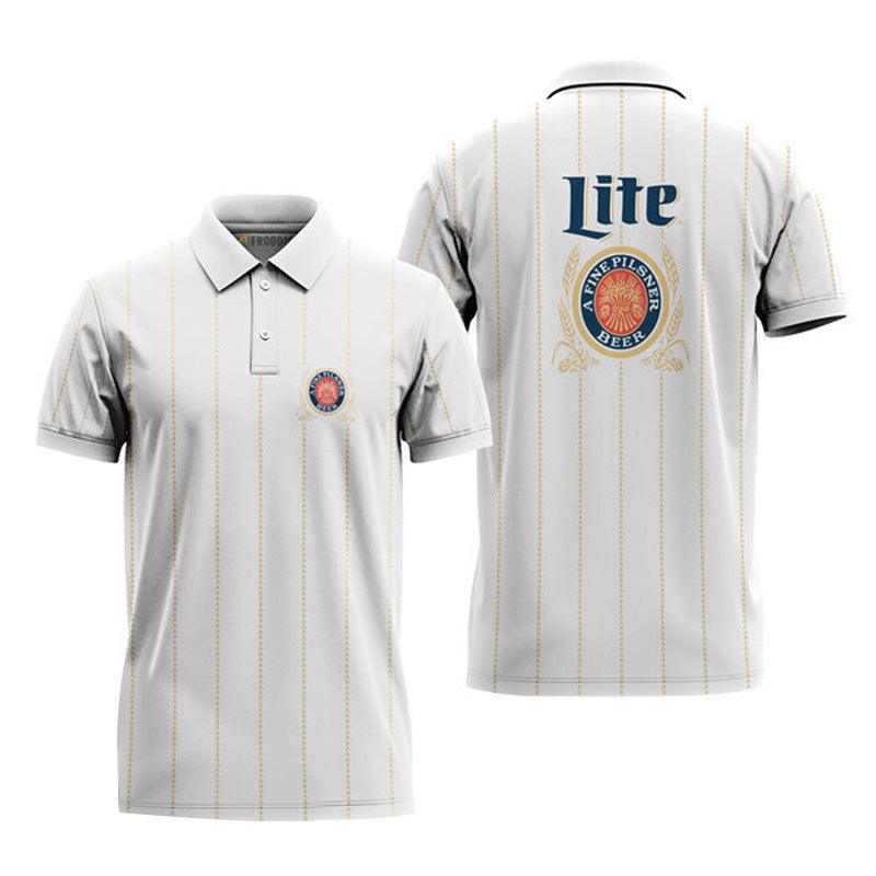 Miller Lite White Stripe Pattern Polo Shirt, White Miller Lite 3d All Over Print Polo Shirts, Miller Lite Beer Logo 3d Printed Men's Polo Shirt