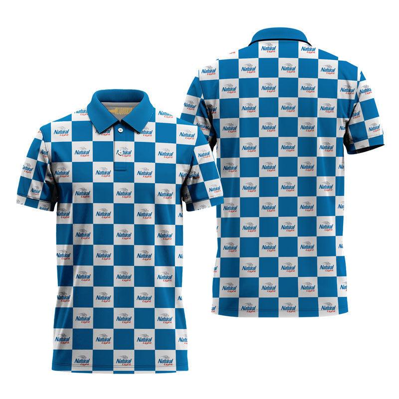 Blue White Gingham Natural Light Logo 3d Polo Shirt, Natural Light All Over Print Golf Polo Shirt, Natural Light Gingham 3d Men's Polo Shirt
