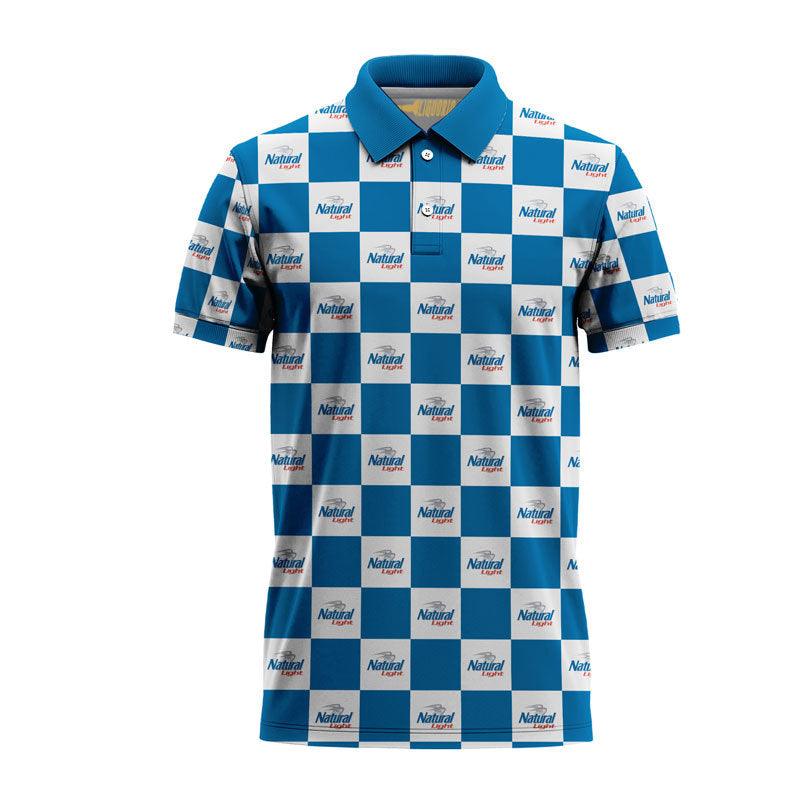 Blue White Gingham Natural Light Logo 3d Polo Shirt, Natural Light All Over Print Golf Polo Shirt, Natural Light Gingham 3d Men's Polo Shirt