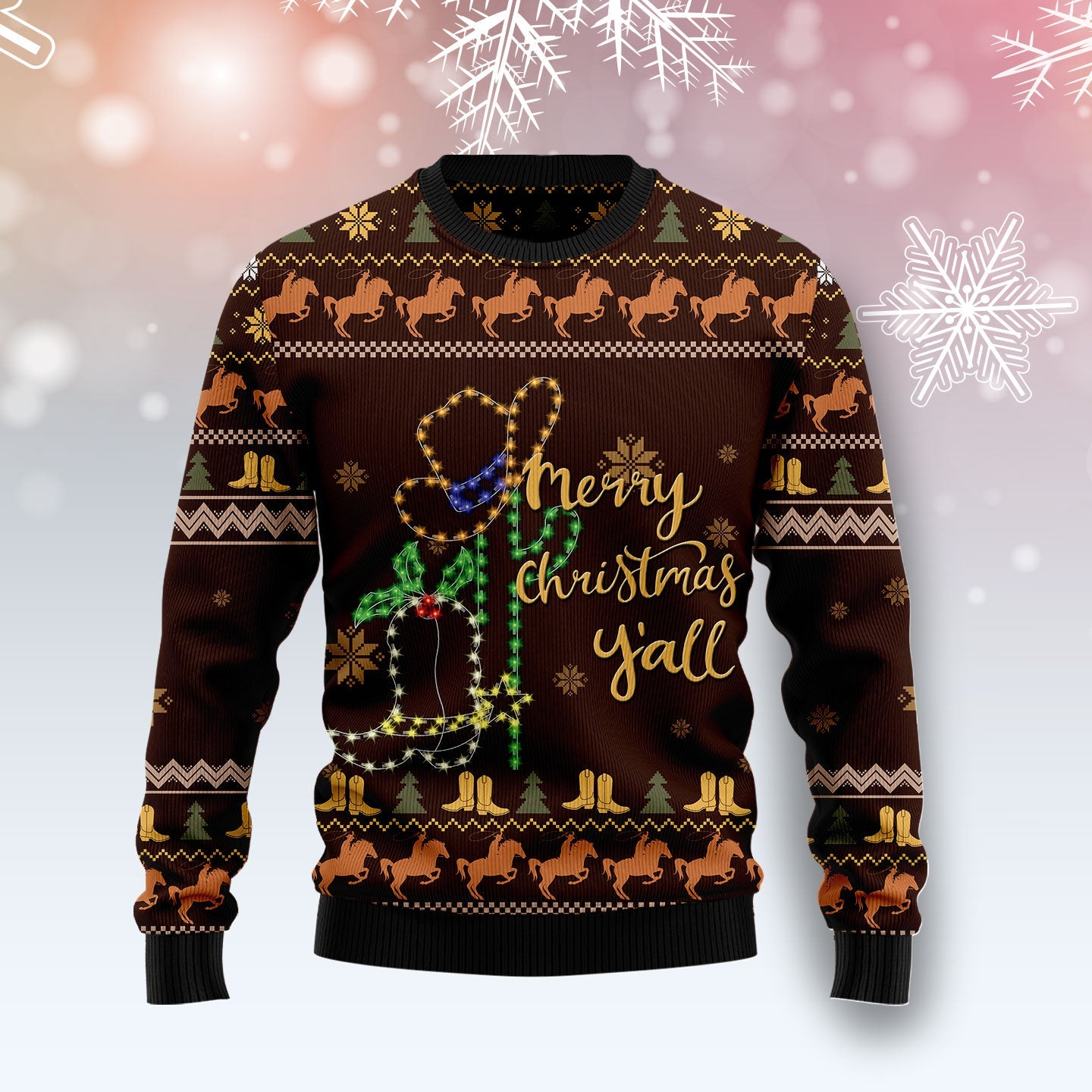 Cowboy Boots Merry Christmas Y'all Ugly Sweater, Western Cowboy Vintage All-over Printed Ugly Sweater, Cowboy Xmas Crewneck Knitted Ugly Sweater