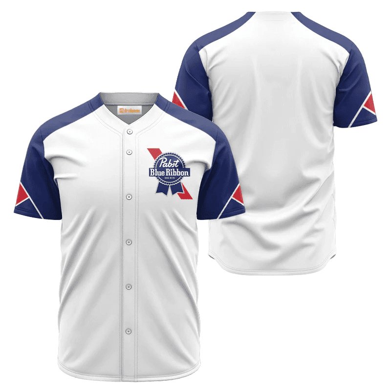 Pabst Blue Ribbon White And Blue Baseball Jersey Shirt, Pbr Beer Logo Printed Baseball Jersey, Pabst Blue Ribbon Unisex Baseball Jersey