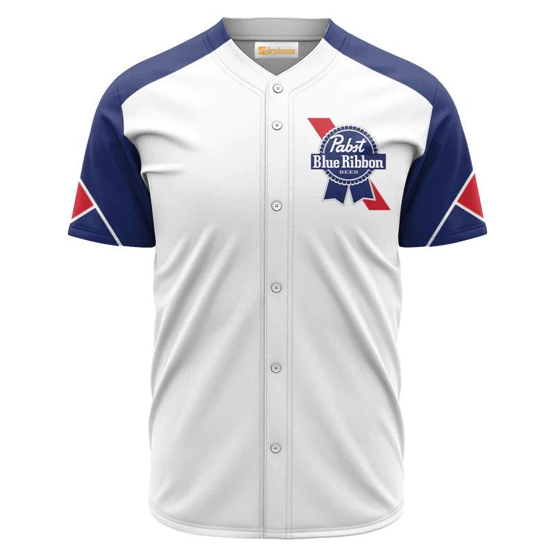Pabst Blue Ribbon White And Blue Baseball Jersey Shirt, Pbr Beer Logo Printed Baseball Jersey, Pabst Blue Ribbon Unisex Baseball Jersey