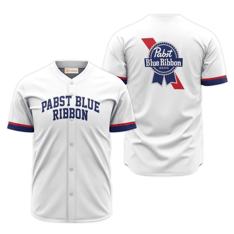 Pabst Blue Ribbon White Basic Baseball Jersey Shirts, Pabst Blue Ribbon Logo Printed Baseball Jersey, White Pbr Beer Unisex Baseball Jersey