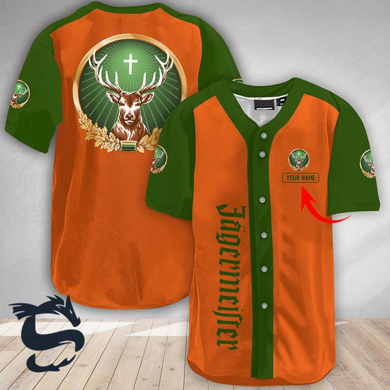 Personalized Jagermeister Liqueur Orange Jersey Shirt, Jagermeister Deer Logo Printed Baseball Jersey, Jagermeister Unisex Baseball Jersey