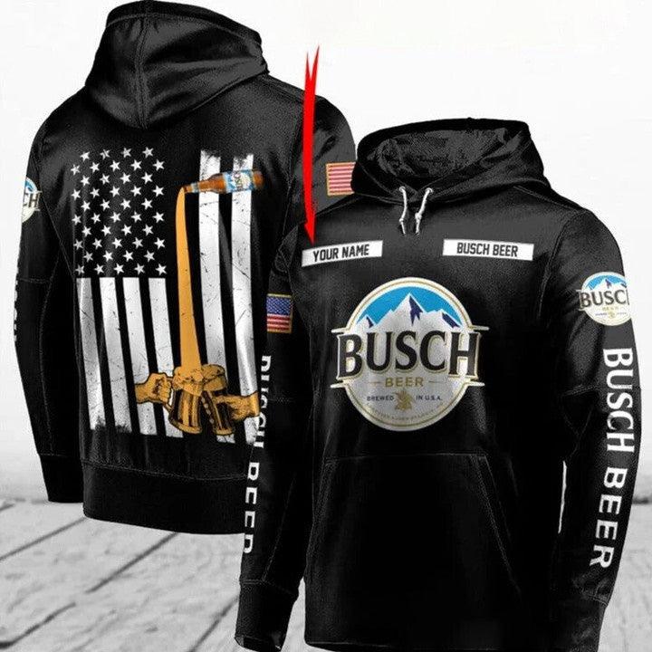Personalized Black White American Flag Busch Beer Hoodie, Busch Beer 3D Pullover Hooded Sweatshirts, Us Flag Busch Beer Logo Printed Hoodies