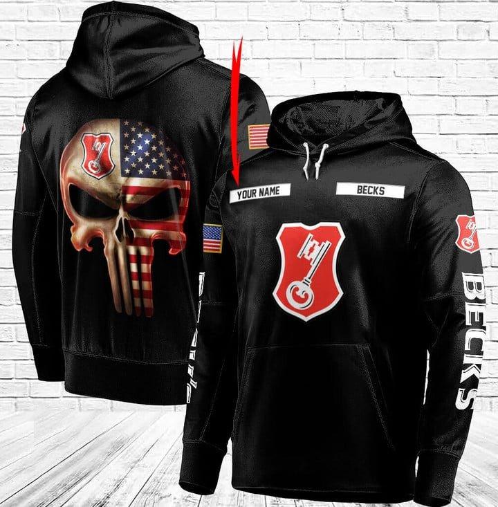 Personalized Black Usa Flag Punisher Skull Beck's Beer 3D Hoodie, Beck's Beer Pullover Hooded Sweatshirt, Beck's Beer Logo Printed Unisex Hoodie