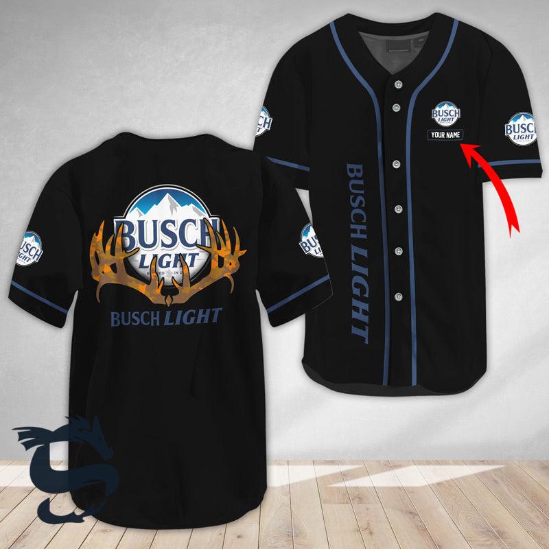 Personalized Buck Horn Busch Light Baseball Jersey Shirt, Busch Light Logo Printed Black Baseball Jersey, Busch Light Unisex Baseball Jersey