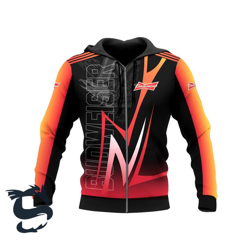Personalized Budweiser Esport Style 3D Hoodie, Budweiser Logo Black Red Pullover Hooded Sweatshirt, Budweiser Beer Logo 3D Printed Zip Hoodie