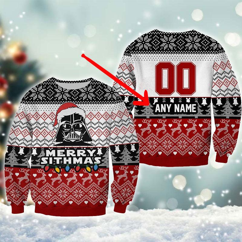 Custom Name & Number Darth Vader Merry Sithmas Ugly Sweater, Darth Vader Santa Hat Xmas Ugly Sweater, Star Wars Crewneck Knitted Ugly Sweater