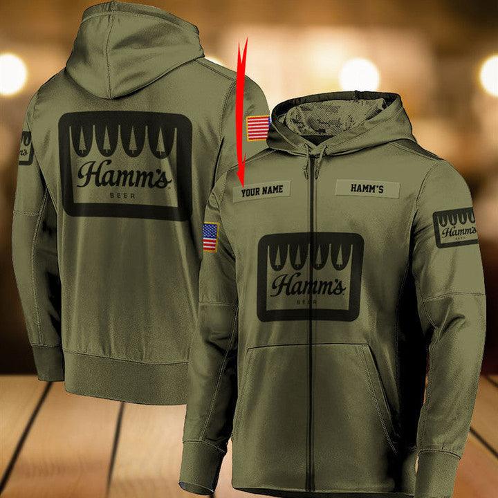 Personalized Military Green Hamm's Beer 3D Hoodie, Hamm's Beer Camo Green Pullover Hooded Sweatshirts, Hamm's Beer Logo 3D Printed Hoodies
