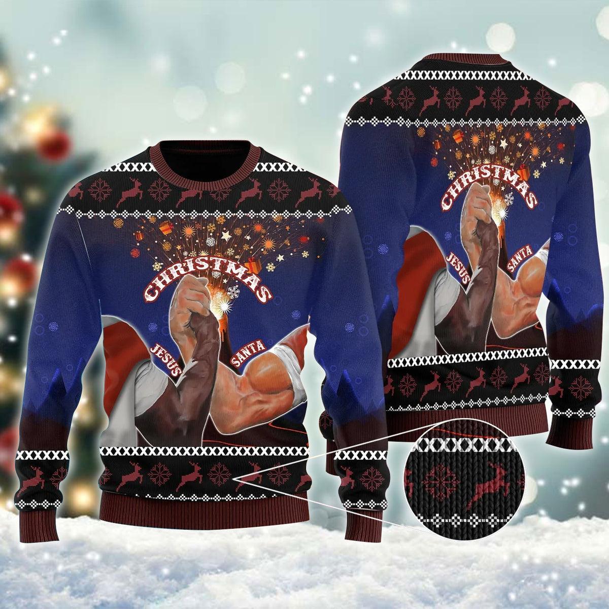 Christmas Santa And Jesus Ugly Christmas Sweater, Funny Santa And Jesus Arm Wrestling Ugly Sweater, Merry Christmas Holiday Crew Neck Ugly Sweater