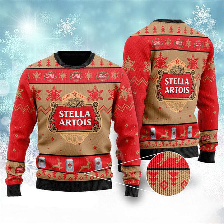 Christmas Red Stella Artois Ugly Christmas Sweater, Stella Artois Beer Christmas Ugly Sweater, Stella Artois Beer Logo Xmas Crew Neck Ugly Sweater