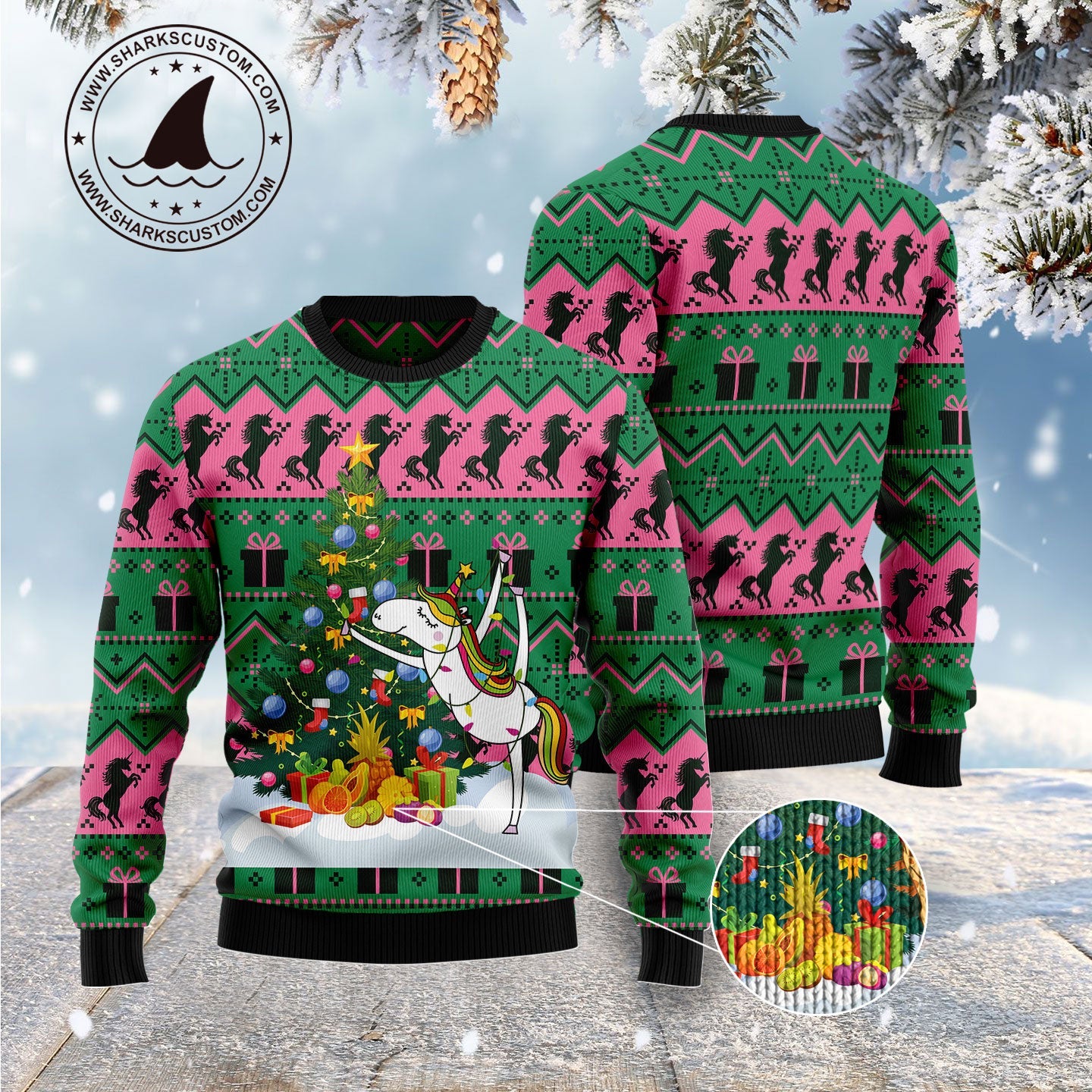 Xmas Unicorn With Pine Tree Ugly Christmas Sweater, Unicorn All-over Print Christmas Ugly Sweater, Unicorn Xmas Crewneck Knitted Ugly Sweater