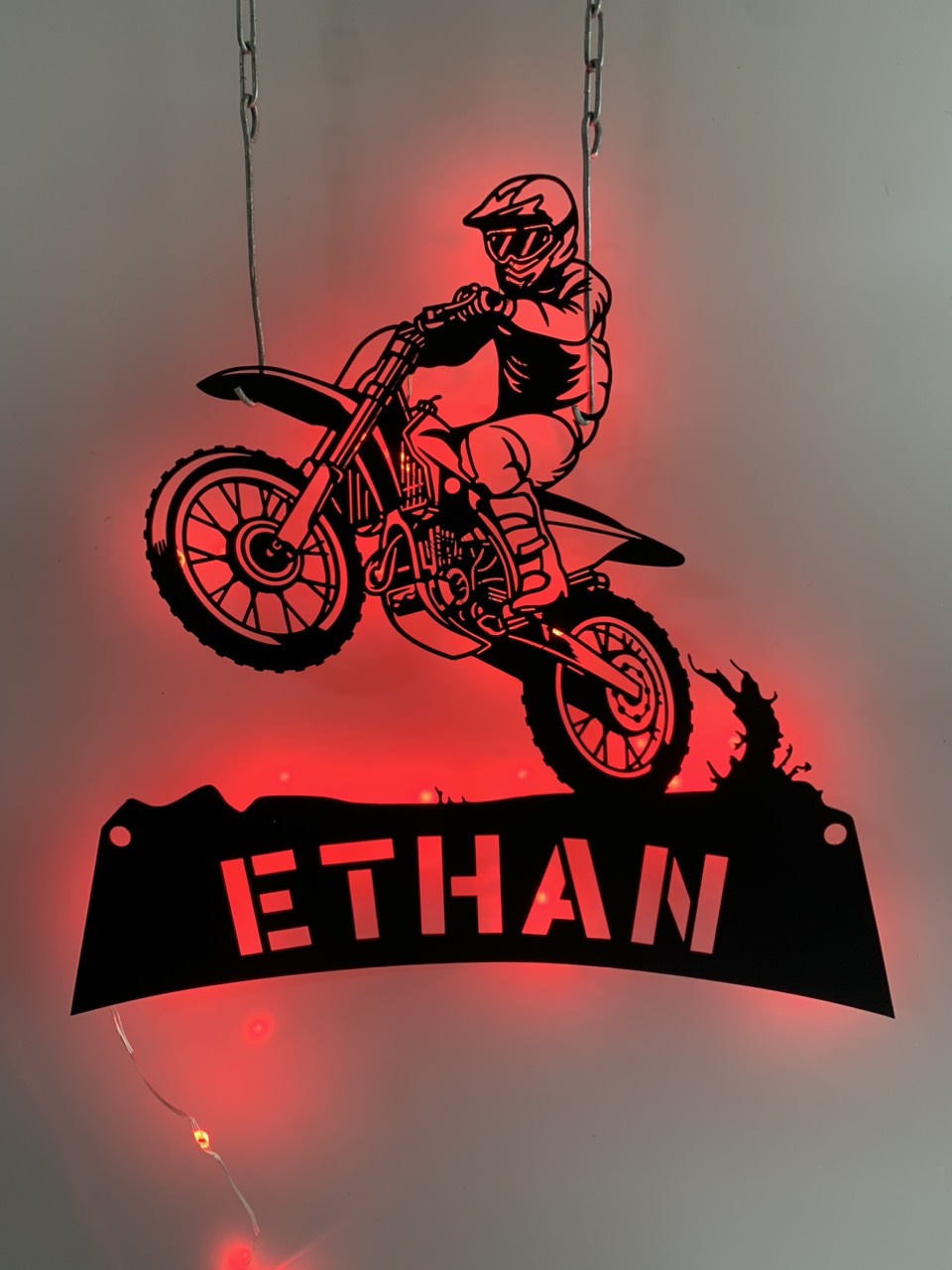 Custom Dirt Bike Metal Wall Art With Led Light, Personalized Motorcycle Biker Metal Name Sign, Motocross Rider Metal Wall Led Decor