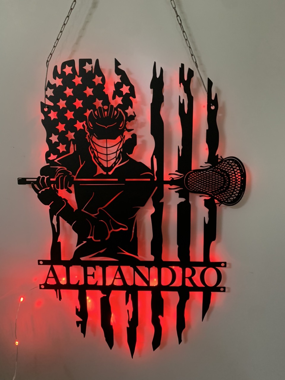 Us Lacrosse Player Metal Wall Art With Led Lights, Personalized Lacrosse Players Metal Name Sign, Lacrosse Sports Kids Room Led Metal Sign