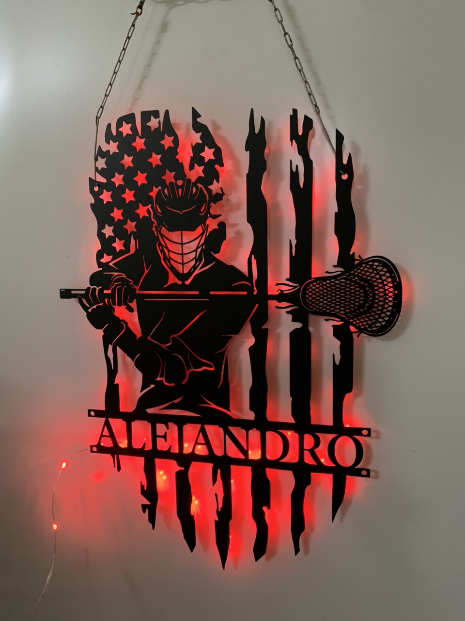 Us Lacrosse Player Metal Wall Art With Led Lights, Personalized Lacrosse Players Metal Name Sign, Lacrosse Sports Kids Room Led Metal Sign