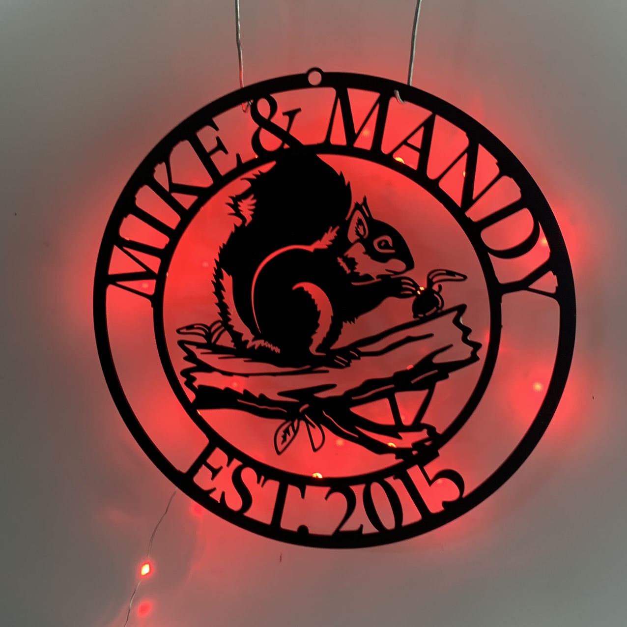 Personalized Squirrel Metal Wall Art With Led Lights, Custom Squirrel Metal Sign Cabin Decor, Squirrel Monogram Family Name Metal Sign