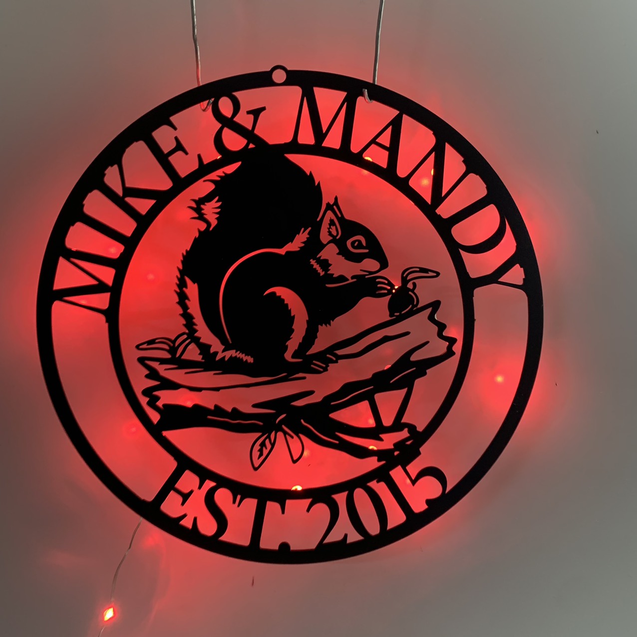 Personalized Squirrel Metal Wall Art With Led Lights, Custom Squirrel Metal Sign Cabin Decor, Squirrel Monogram Family Name Metal Sign