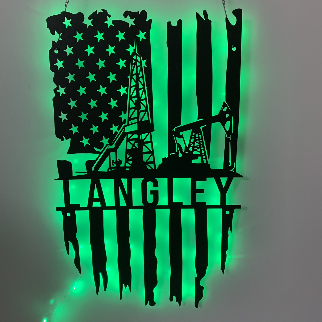Personalized Us Flag Oil Rig Metal Wall Art With Led Lights, Oil Field Worker Custom Metal Name Sign, Driller Oil Field Metal Wall Led Sign