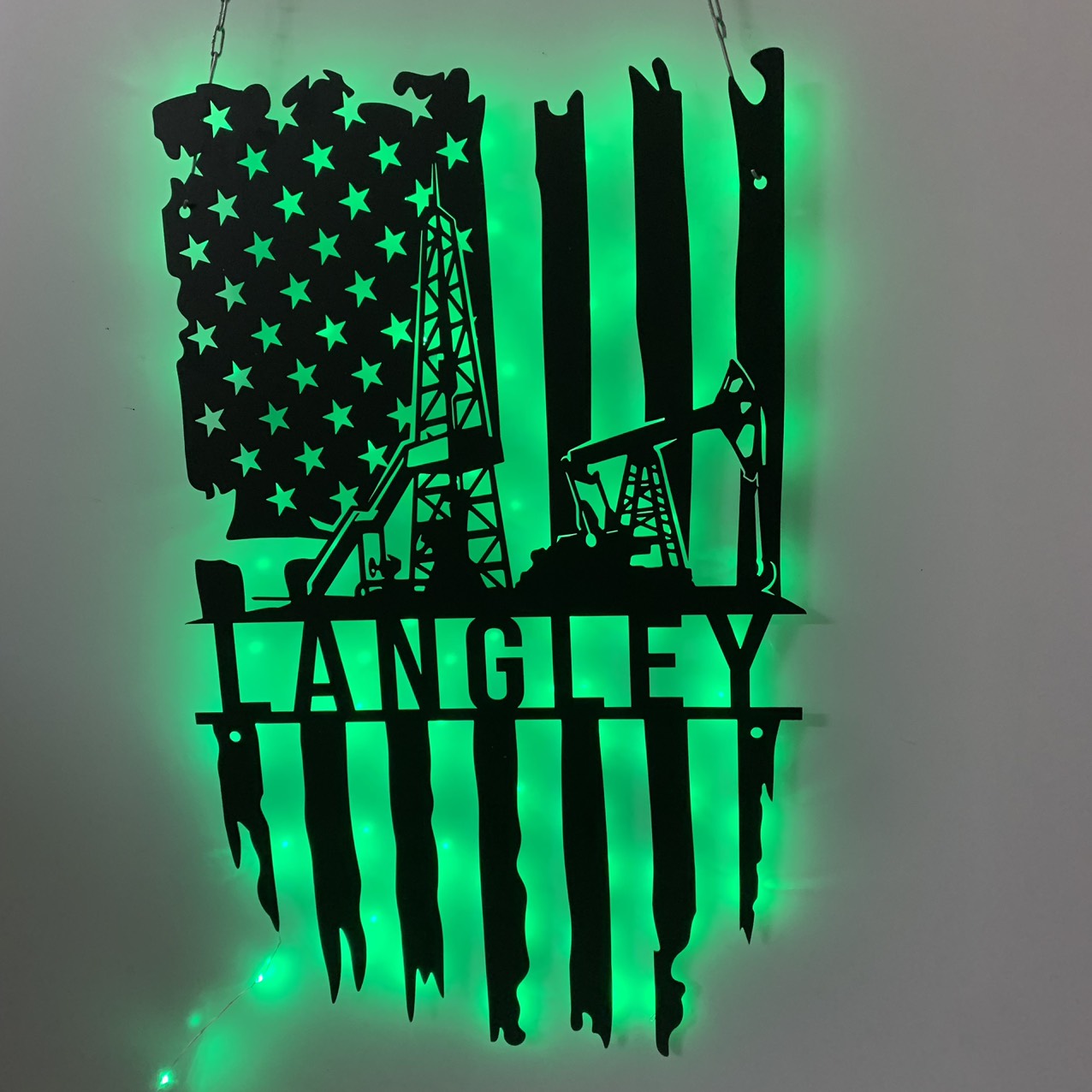 Personalized Us Flag Oil Rig Metal Wall Art With Led Lights, Oil Field Worker Custom Metal Name Sign, Driller Oil Field Metal Wall Led Sign