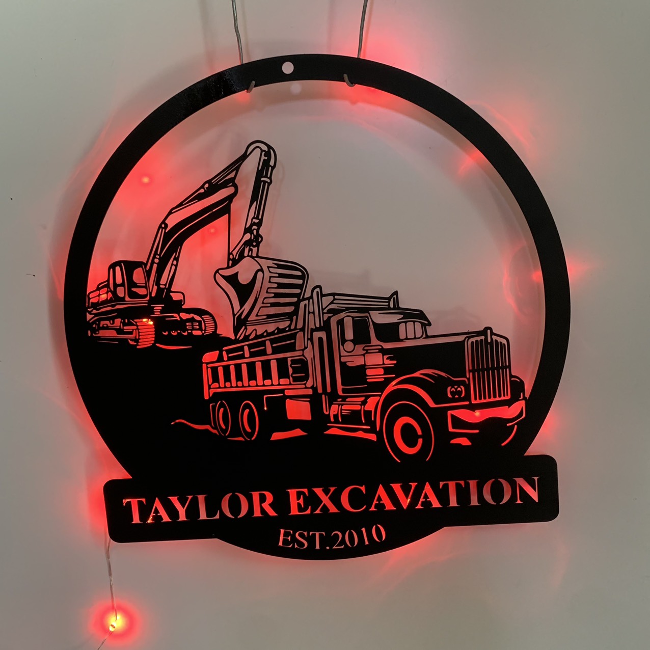 Custom Excavator Metal Wall Art With Led Light, Personalized Excavator Driver Metal Name Sign, Construction Truck Excavator Metal Wall Led Sign