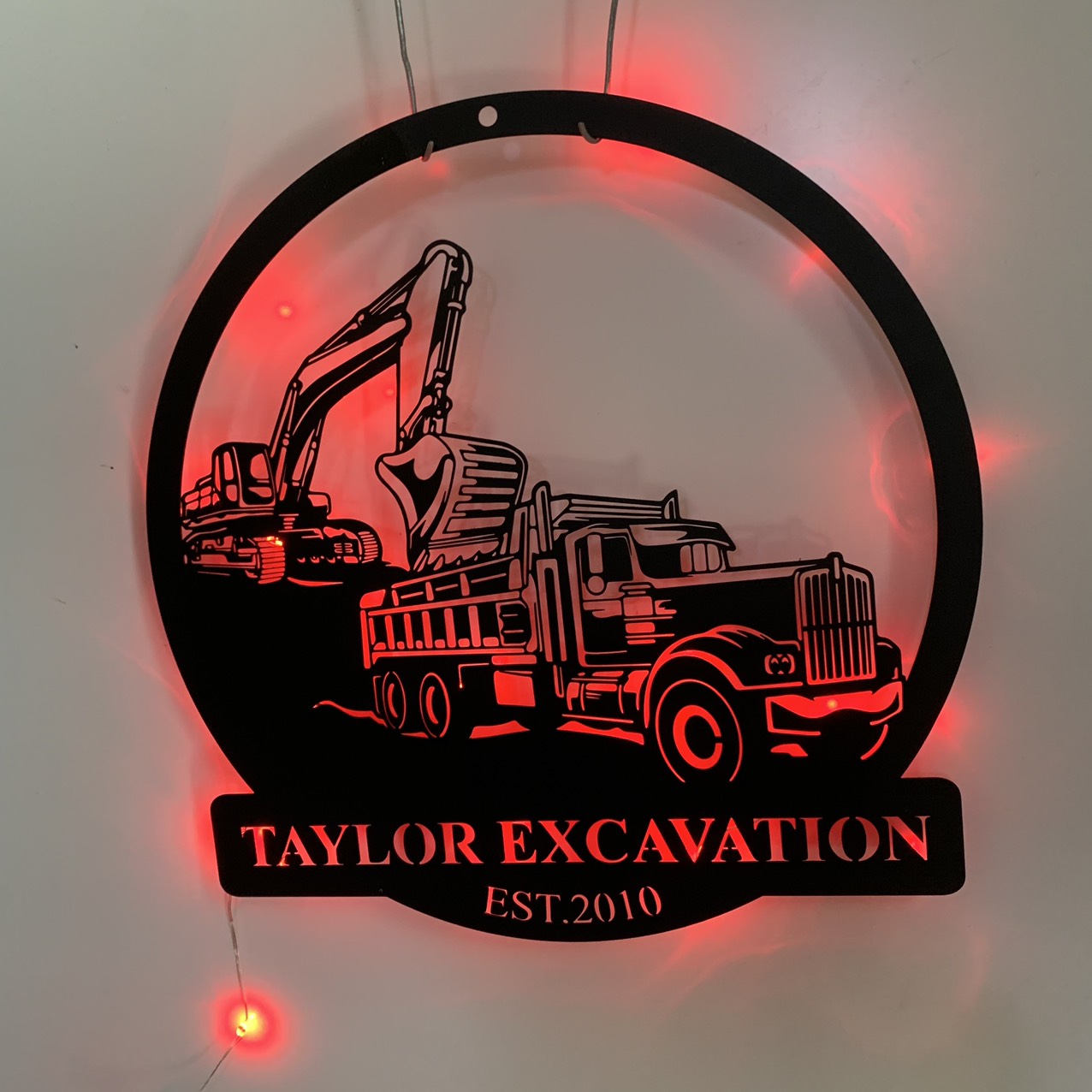 Custom Excavator Metal Wall Art With Led Light, Personalized Excavator Driver Metal Name Sign, Construction Truck Excavator Metal Wall Led Sign