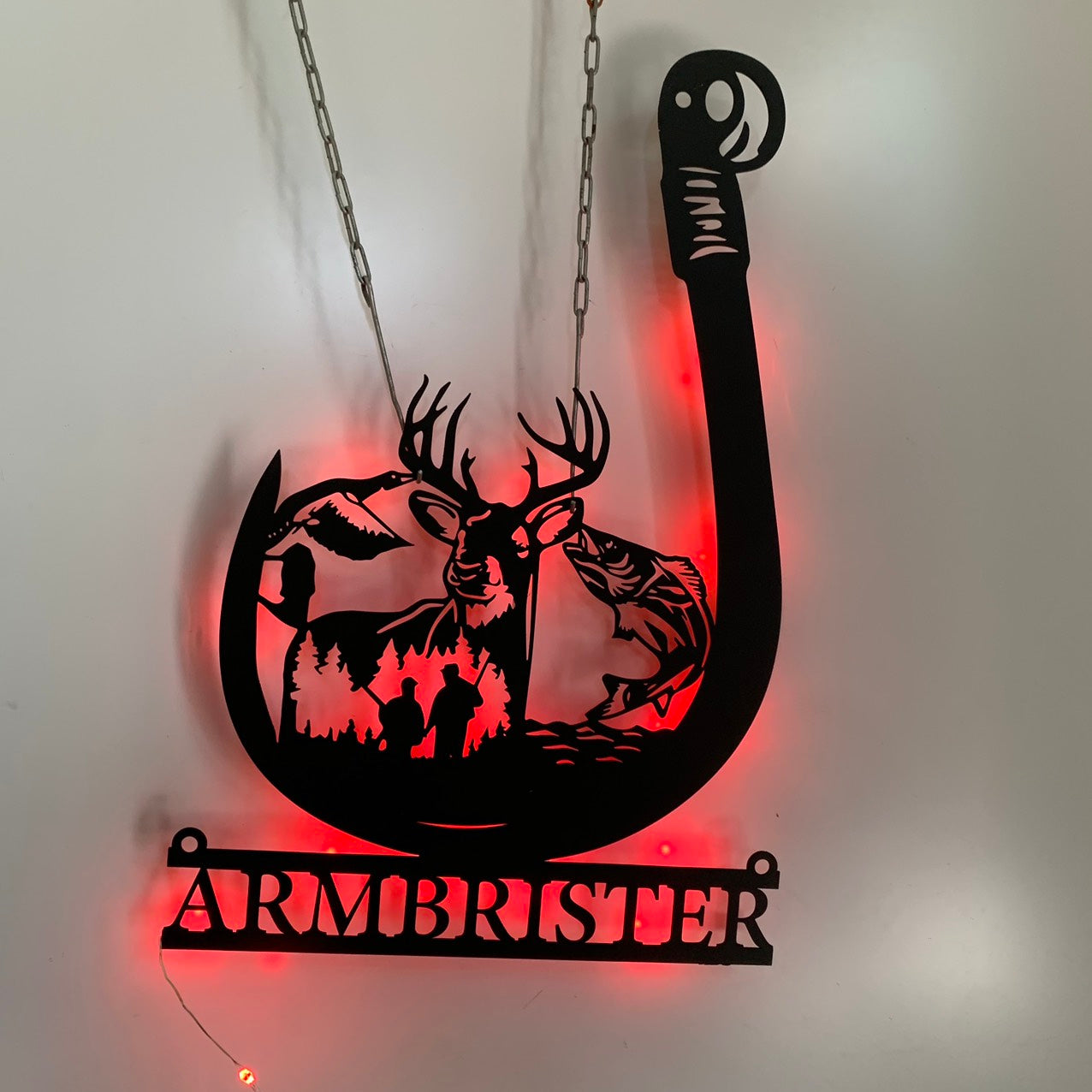 Custom Deer Hunting Fishing Metal Wall Art Led Light, Personalized Hunter Fisherman Metal Name Sign, Deer Hunting Man Cave Fishing Hook Metal Sign