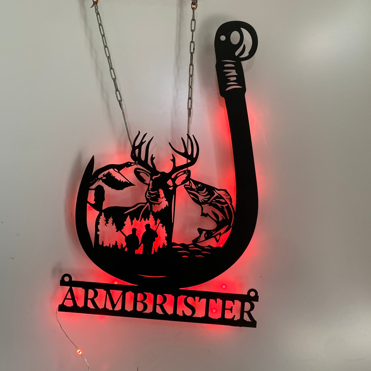 Custom Deer Hunting Fishing Metal Wall Art Led Light, Personalized Hunter Fisherman Metal Name Sign, Deer Hunting Man Cave Fishing Hook Metal Sign