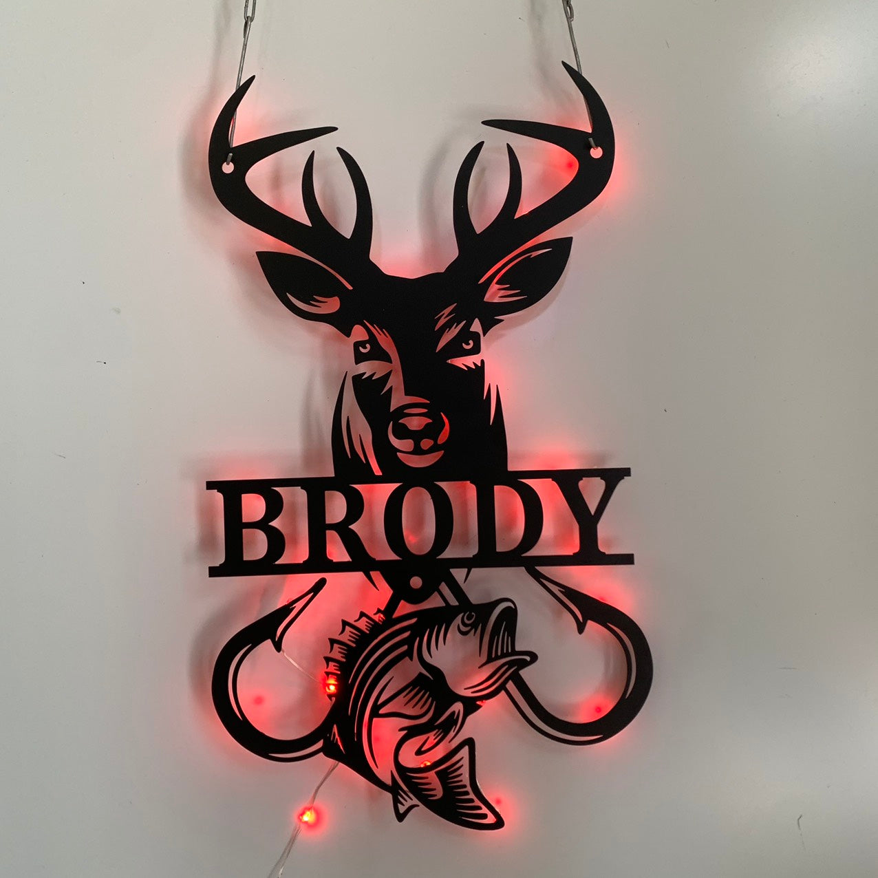 Custom Deer Hunting Bass Fishing Metal Sign Led Light, Personalized Hunter Fisherman Metal Wall Art, Deer Hunting Man Cave Fishing Hook Metal Sign