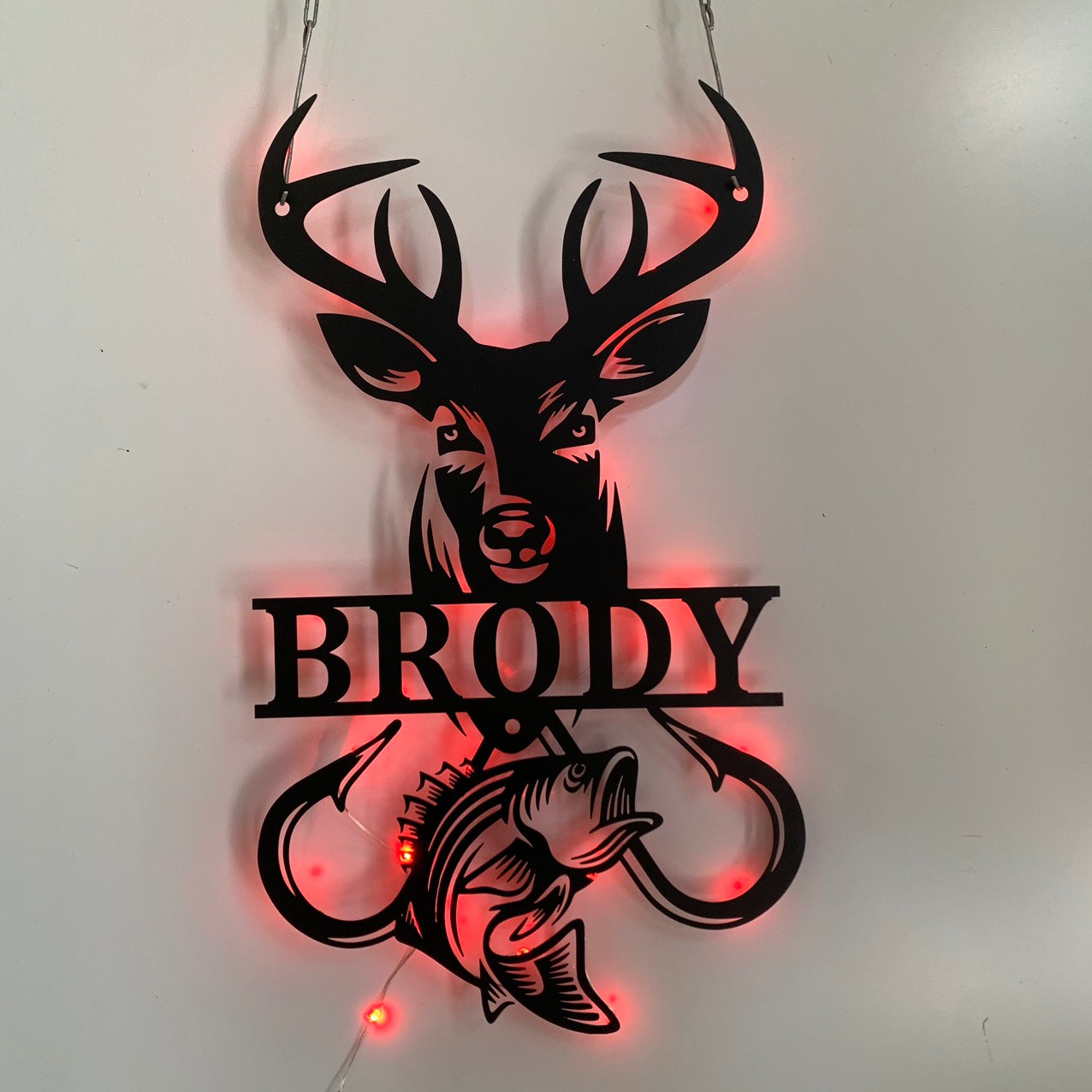 Custom Deer Hunting Bass Fishing Metal Sign Led Light, Personalized Hunter Fisherman Metal Wall Art, Deer Hunting Man Cave Fishing Hook Metal Sign