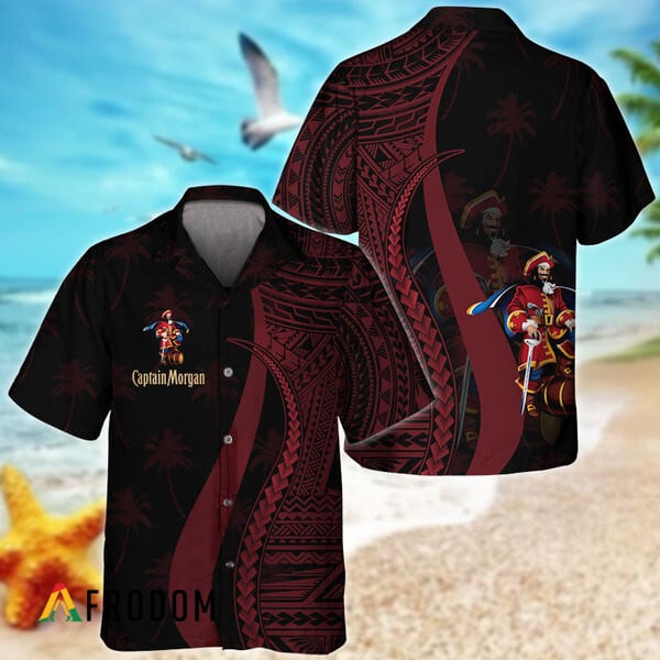 Red Polynesian Captain Morgan Hawaiian Shirt, Polynesian Tribal Captain Morgan Button Down Aloha Shirt, Captain Morgan Polynesian Hawaiian Shirt