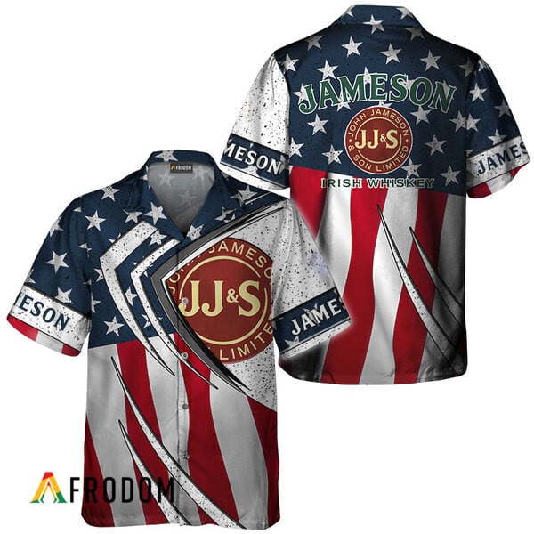 Jameson Whiskey American Flag 3d Hawaiian Shirts, Jameson Whiskey Fourth Of July Aloha Shirt, Jameson Logo Us Flag Button Down Hawaiian Shirt
